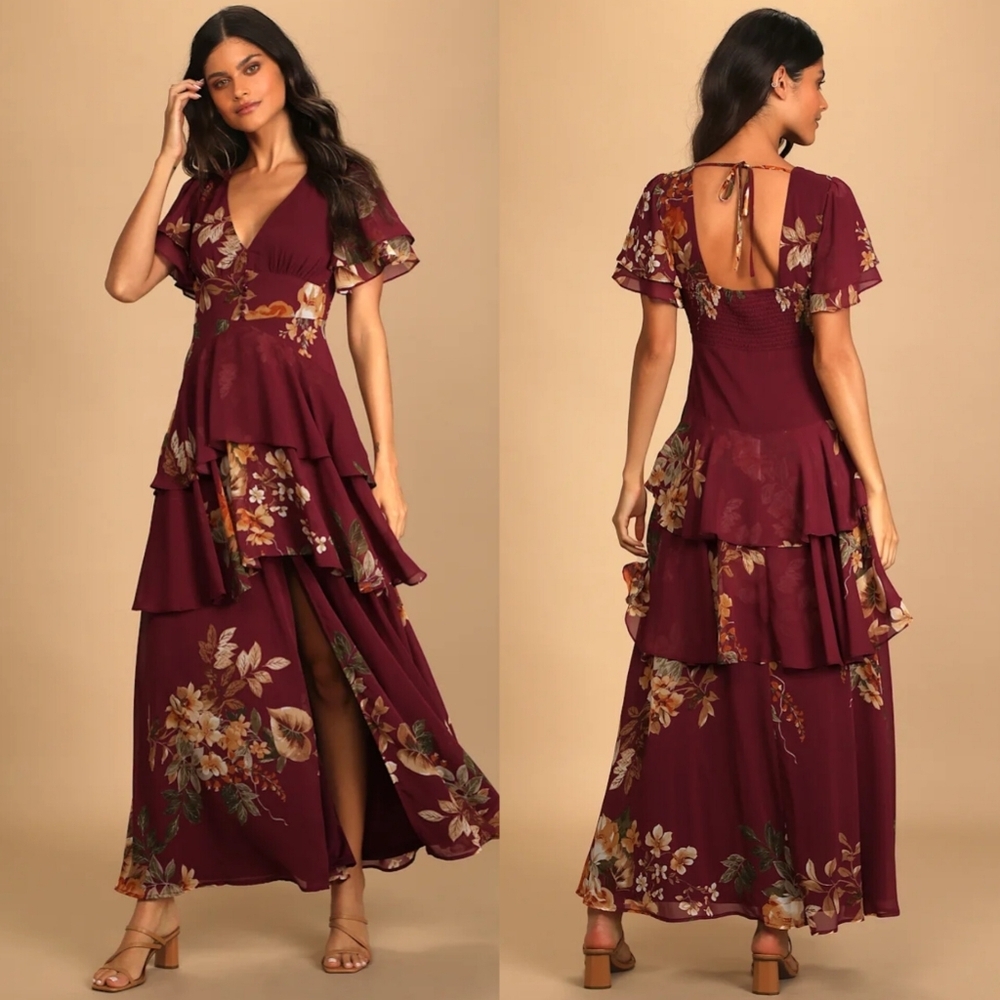 Lulus Midnight Mood Burgundy Floral Print Tiered Maxi Dress XL Wedding Party